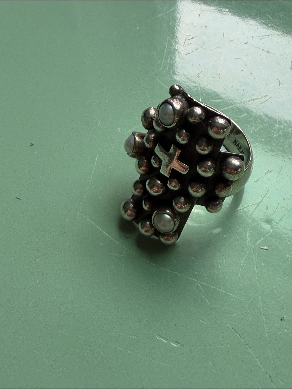 Navajo Nakai sterling silver and pearl cross ring. Size 8. - Picture 3 of 5